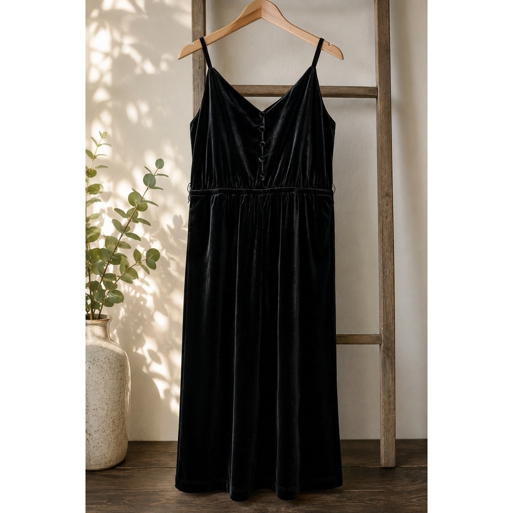 Classic Black Velvet Midi Dress Pockets Sleeveless Button Front Soft Stretch M